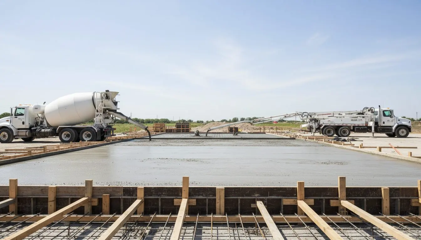 A commercial concrete pour in progress at a Bloomington business site, forming and reinforcement visible and a delivery truck staged nearby.