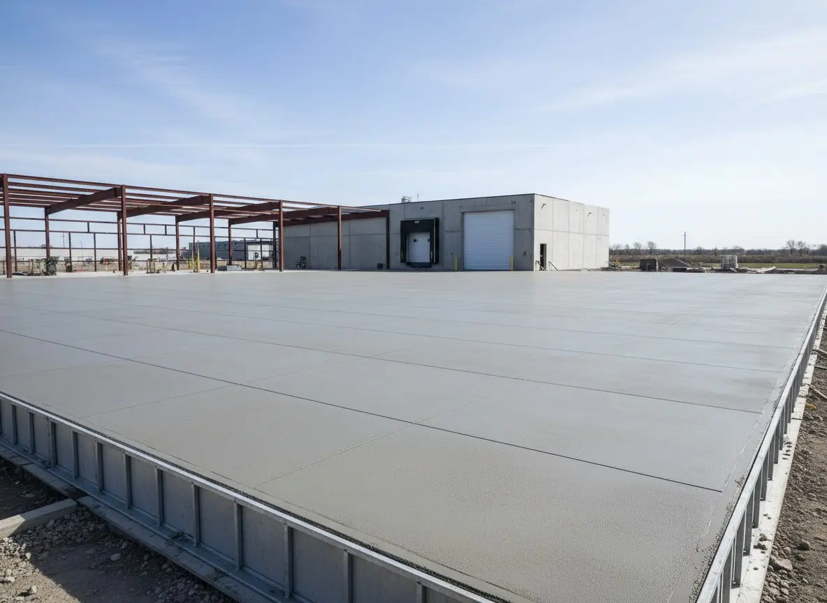 A commercial concrete site mid pour in Bloomington, drawings pinned to a site board, forming and rebar in frame, nobody posed for the camera.