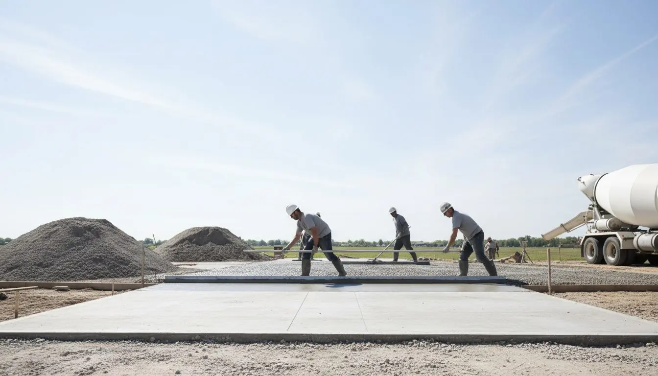 A concrete driveway pour finishing up in Bloomington, the crew mid screed under flat daylight, nothing staged for the camera.