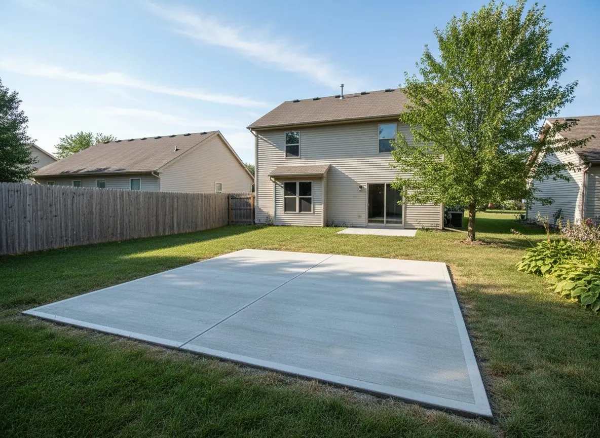 A finished residential patio with a broom or stamped finish, ordinary backyard setting, no people or furniture staged.