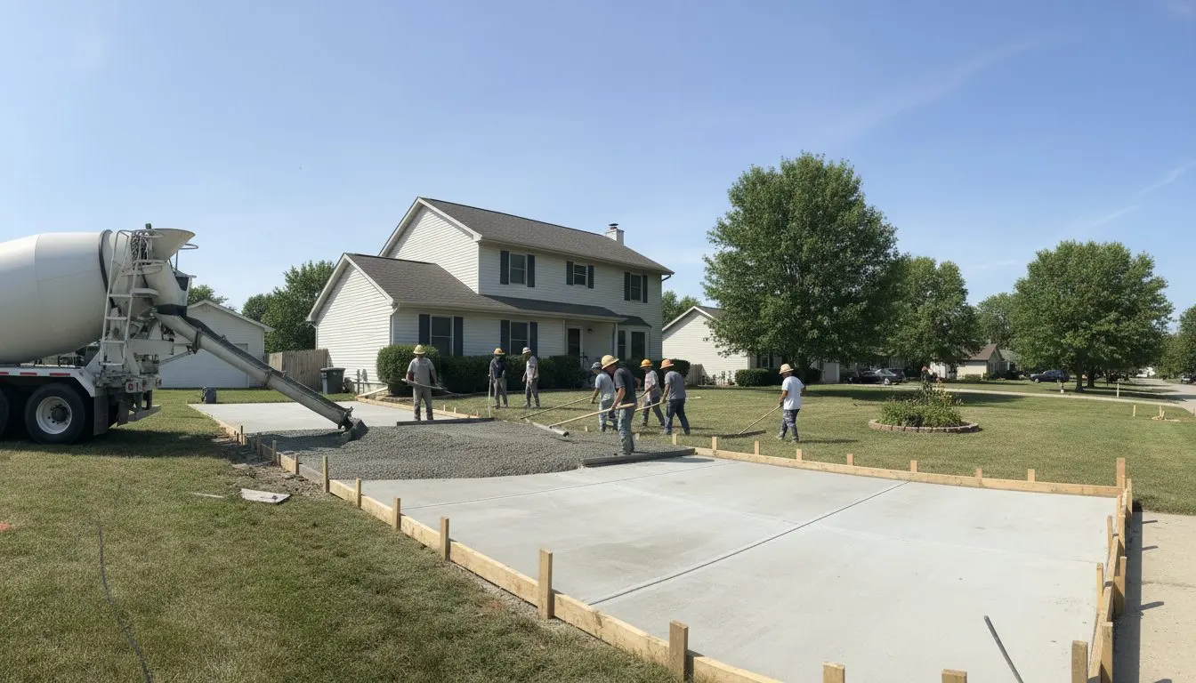 A residential concrete driveway being poured at a Bloomington house, ordinary front yard visible, the crew mid work under flat daylight, nothing staged.