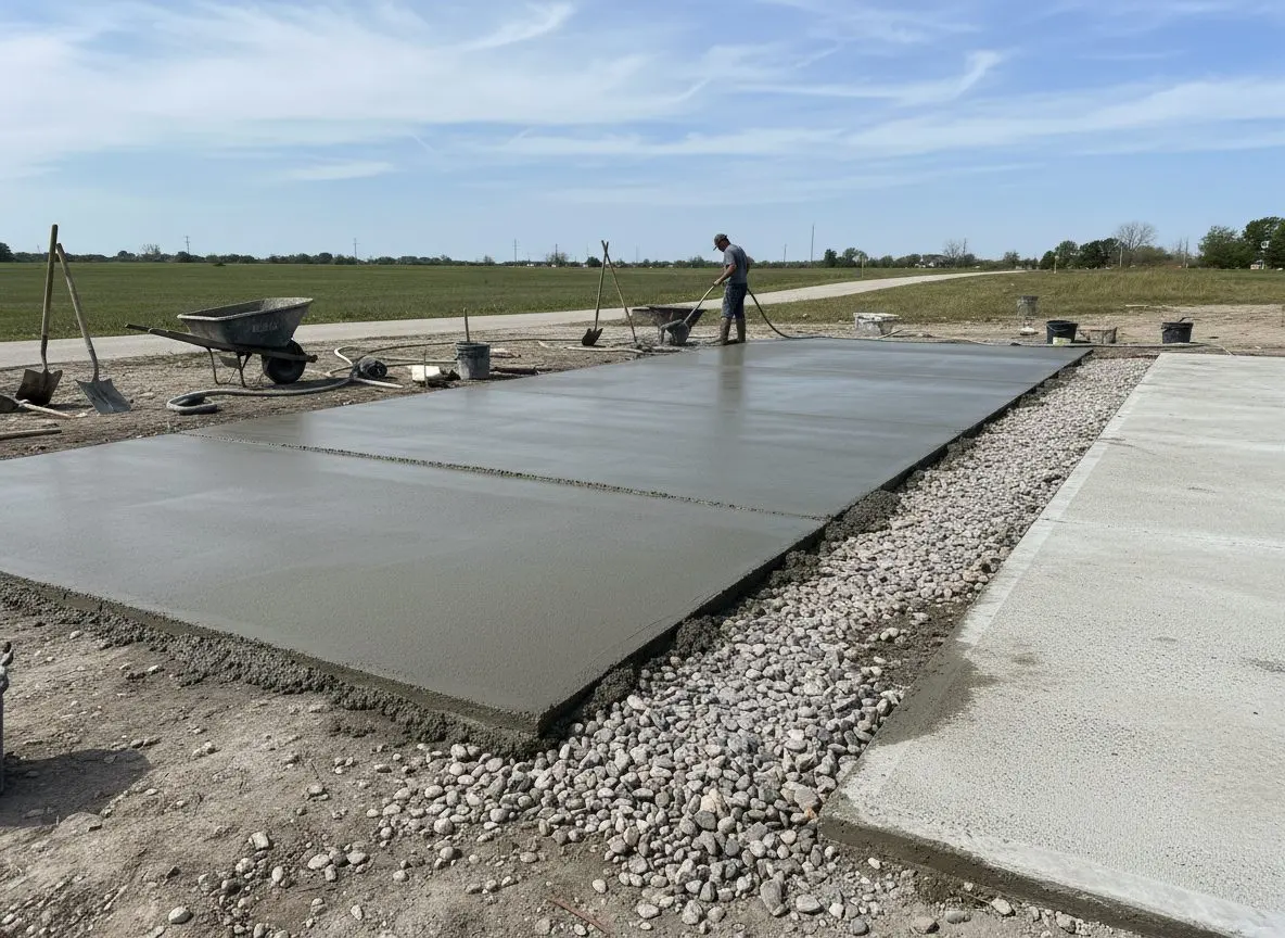 A section of exposed aggregate concrete driveway showing the washed stone texture across the surface.