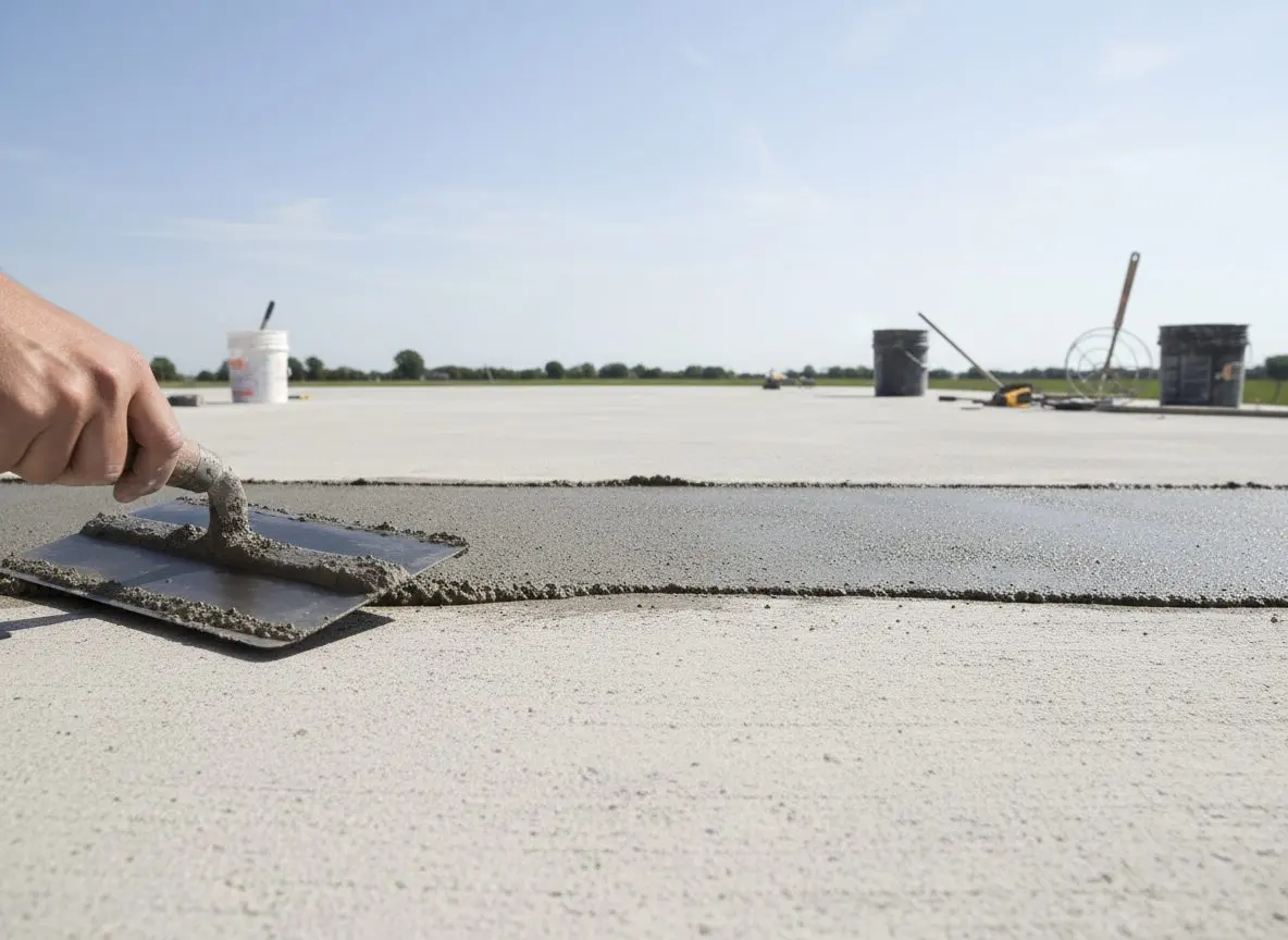 A trowel applying a thin decorative overlay across an existing concrete patio slab, the transition between old and new surface visible at the edge.