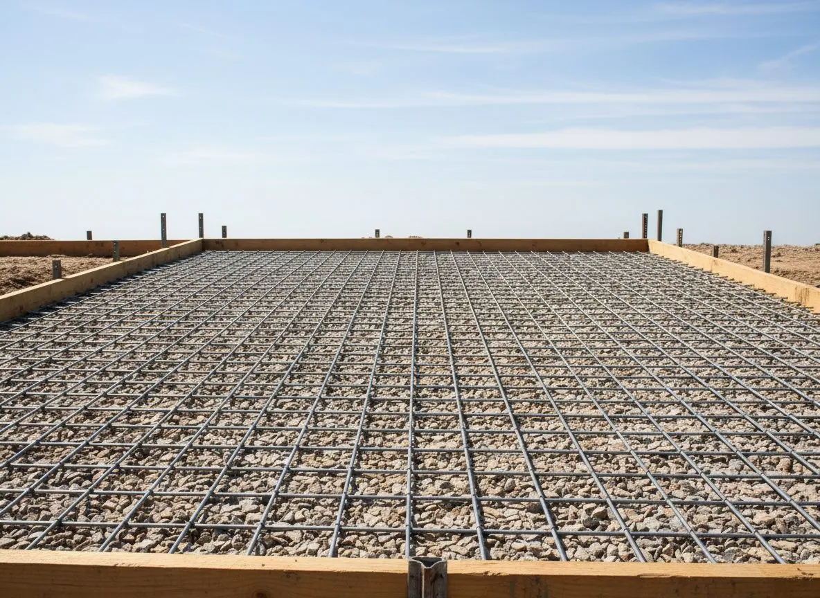 A close view of rebar or wire mesh laid across a compacted gravel base inside driveway forms, before the pour.