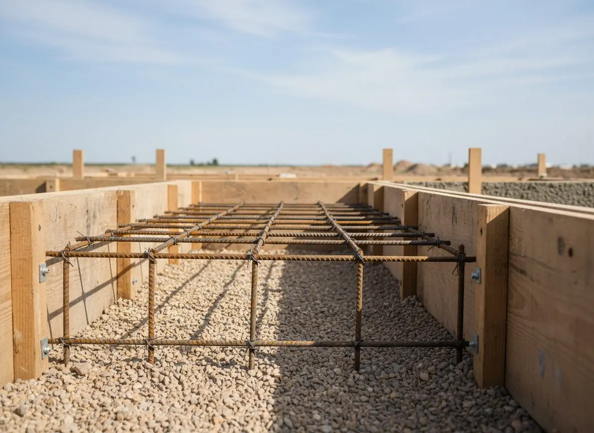 Rebar tied across a compacted gravel base inside foundation formwork, close on the steel and the base rather than the wider site.