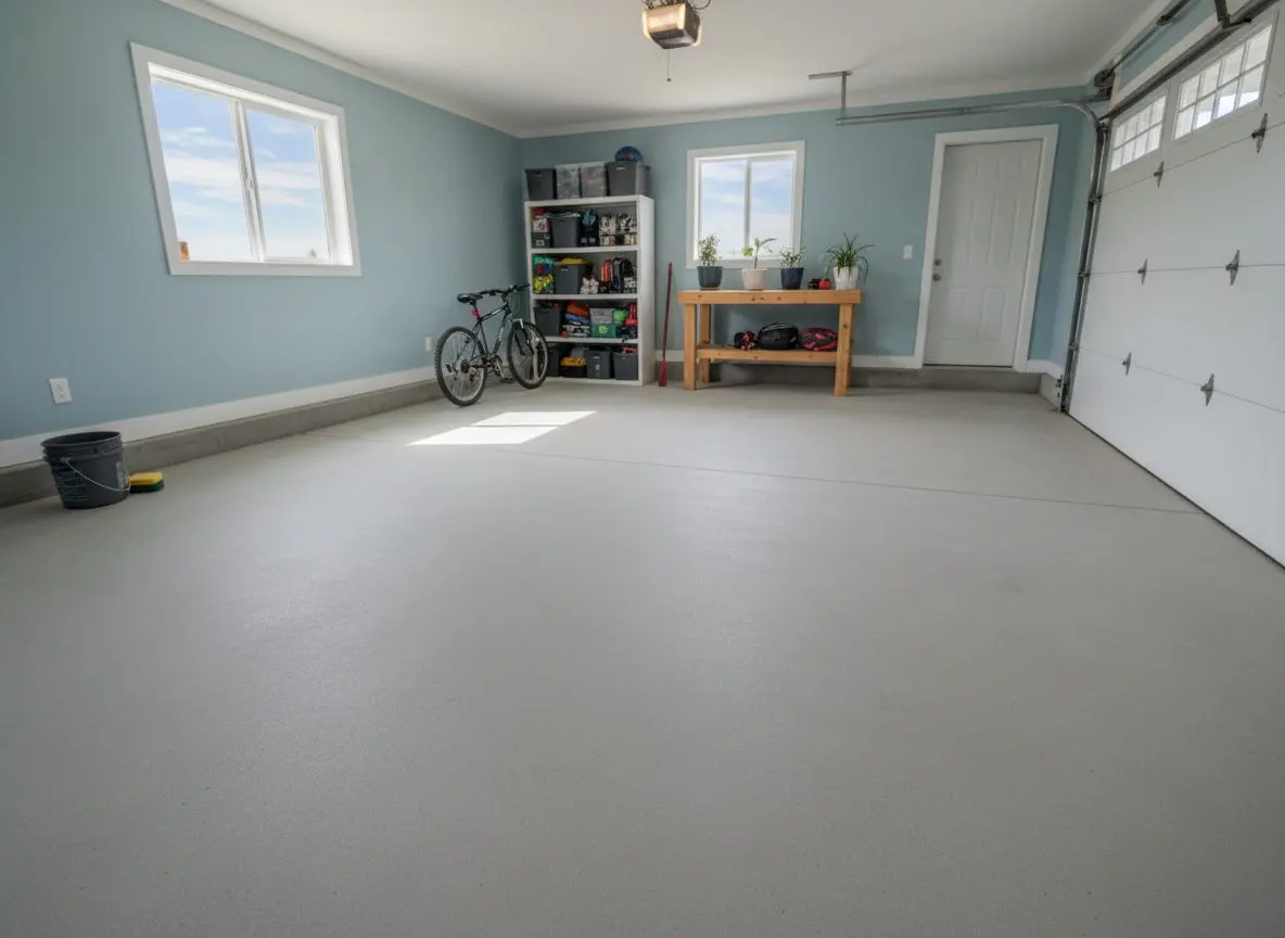 A finished, level concrete garage slab under a completed garage structure, with no visible cracking.