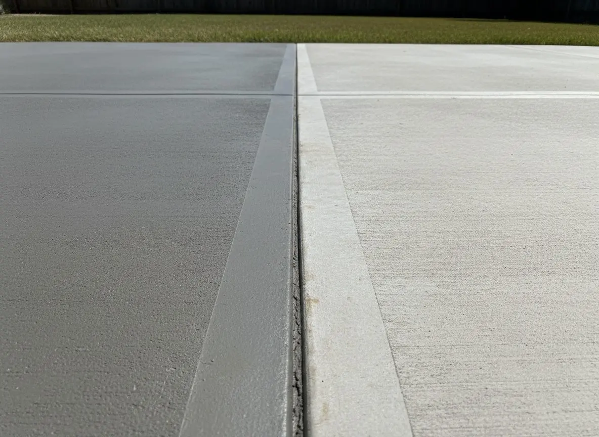 A patio slab with a puddle of standing water collected in a low spot after rain, textured surface visible around it.