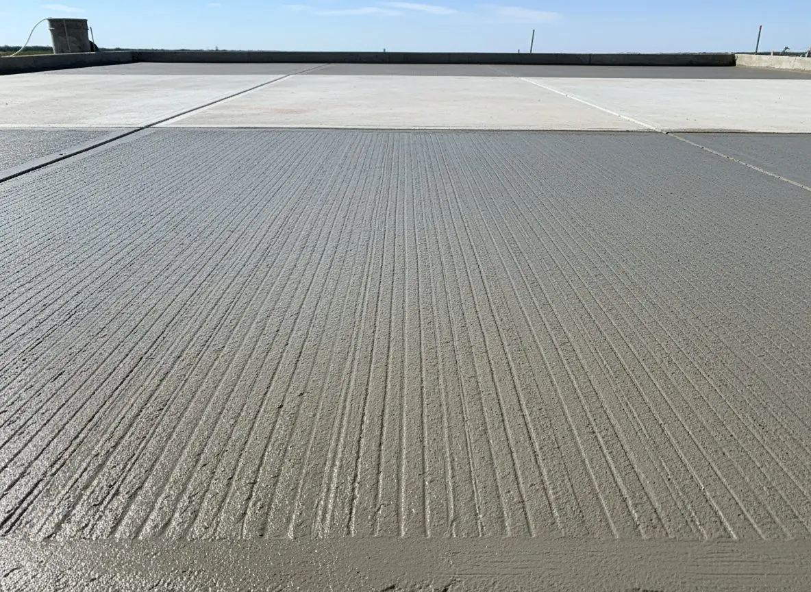 A close view of a patio surface with a broom-textured finish, showing the grip pattern in the concrete.
