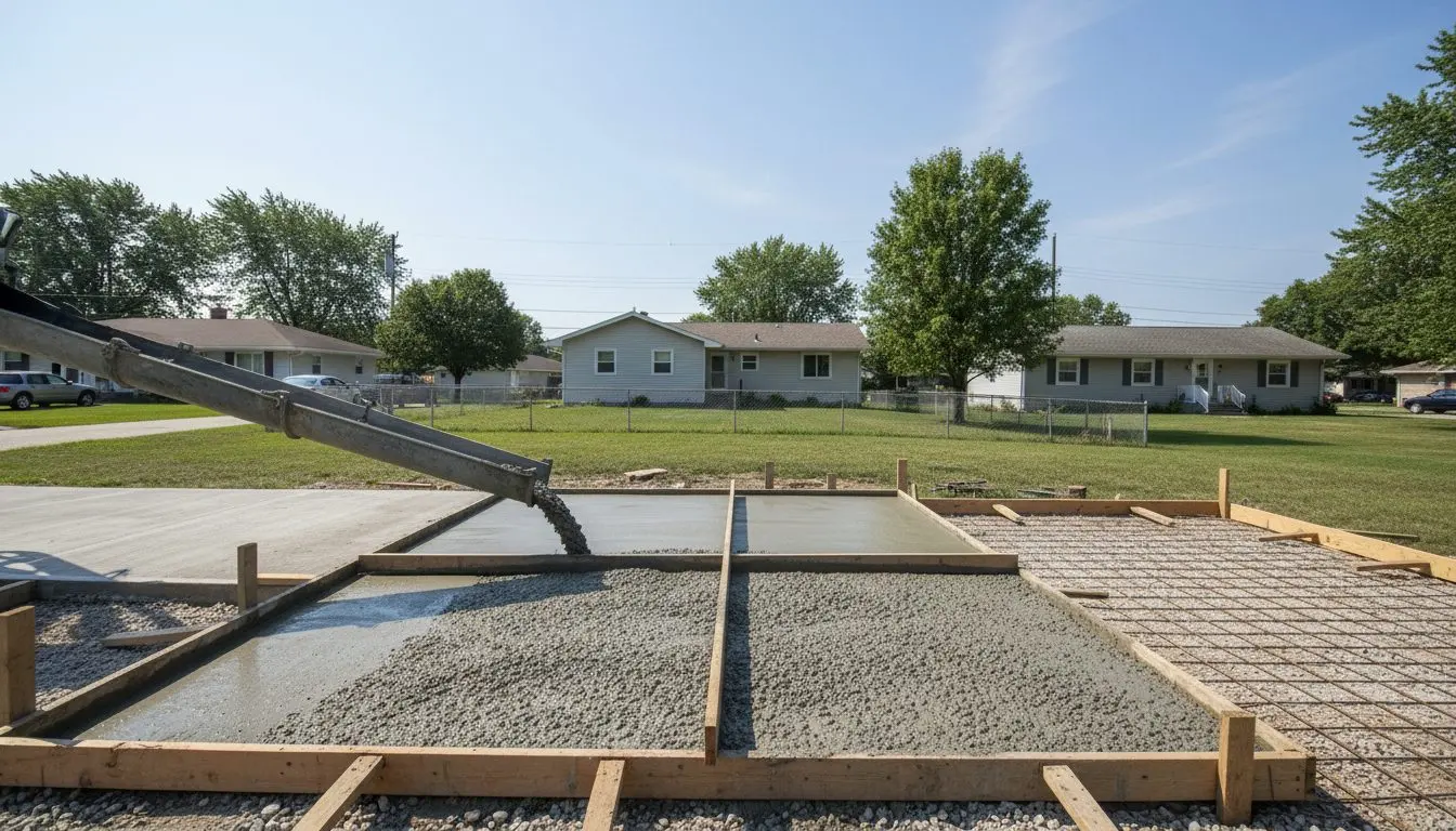 A residential driveway mid pour, the mixer chute feeding concrete between timber forms while a screed board is drawn across, base and mesh at the open edge.